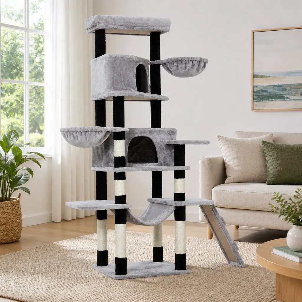 Multi-Level Grey Cat Tree with Scratching Post 161cm