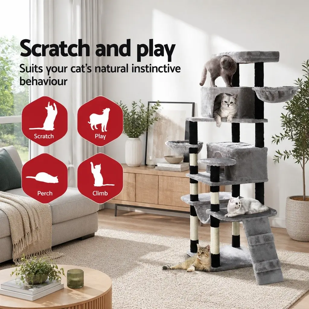 Multi-Level Grey Cat Tree with Scratching Post 161cm