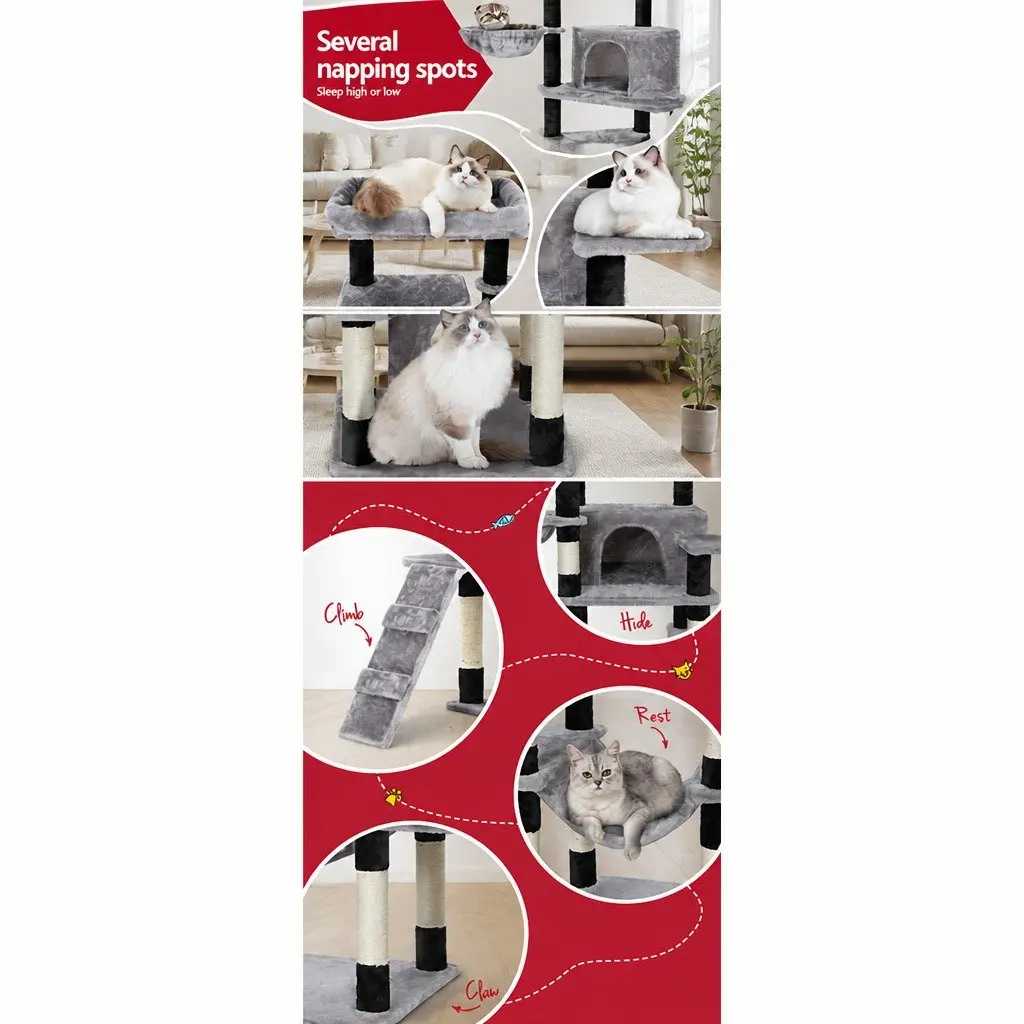 Multi-Level Grey Cat Tree with Scratching Post 161cm