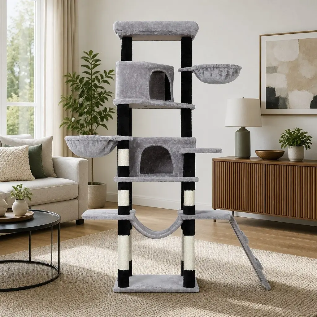Multi-Level Grey Cat Tree with Scratching Post 161cm
