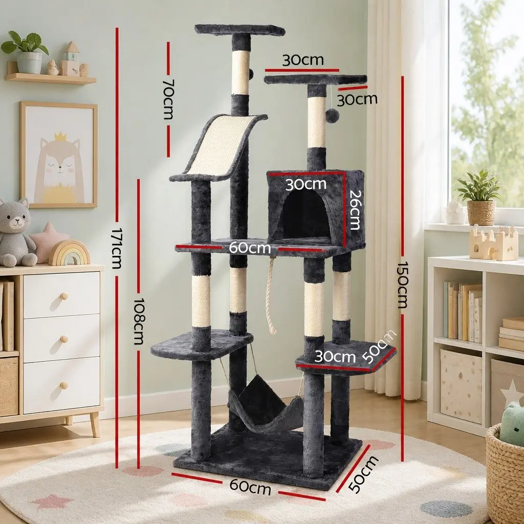Cat Tree Wooden 171cm Tall Dark Grey Scratching Post Tower Condo Bed Hammock Rope Toys