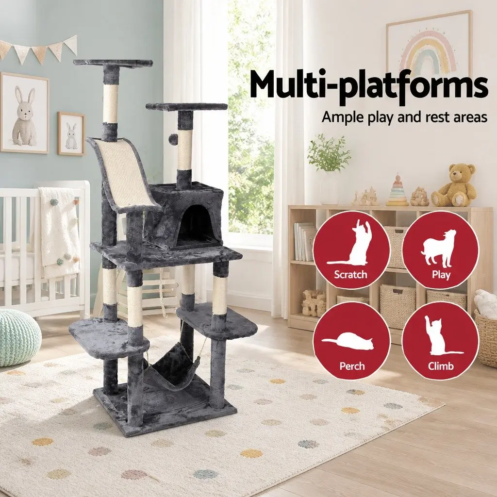 Cat Tree Wooden 171cm Tall Dark Grey Scratching Post Tower Condo Bed Hammock Rope Toys