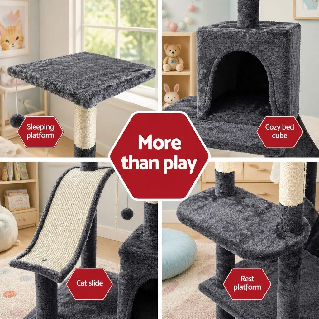 Cat Tree Wooden 171cm Tall Dark Grey Scratching Post Tower Condo Bed Hammock Rope Toys