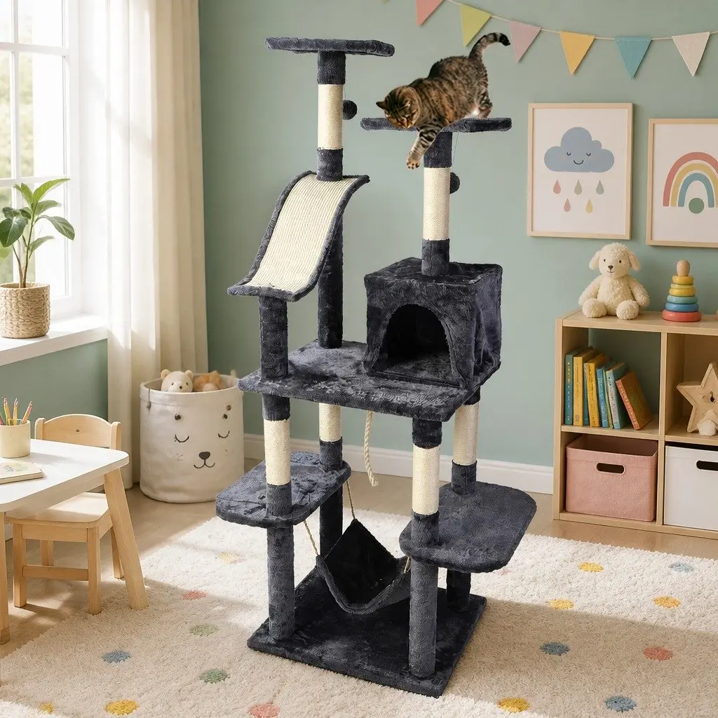 Cat Tree Wooden 171cm Tall Dark Grey Scratching Post Tower Condo Bed Hammock Rope Toys