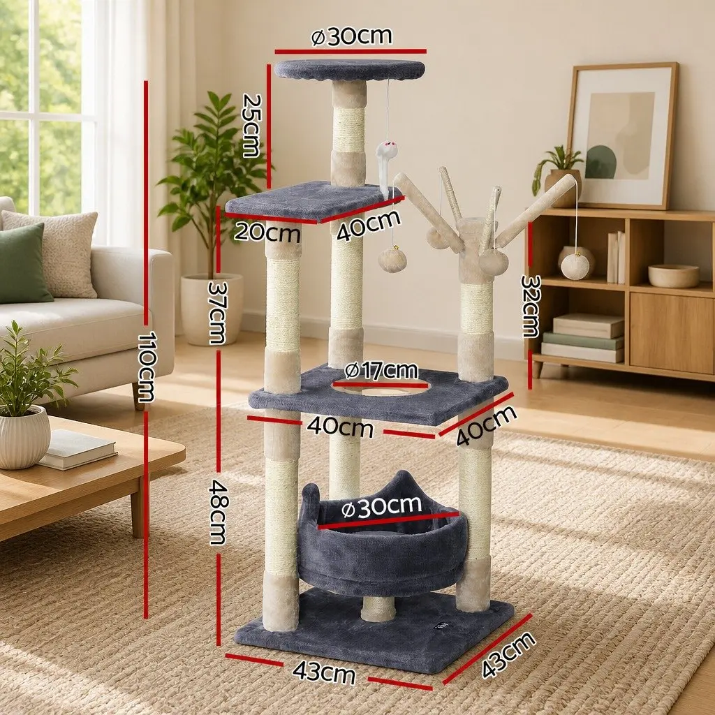 Cat Tree Wood 110cm Grey Multi-Level Scratching Post Condo House with Toys