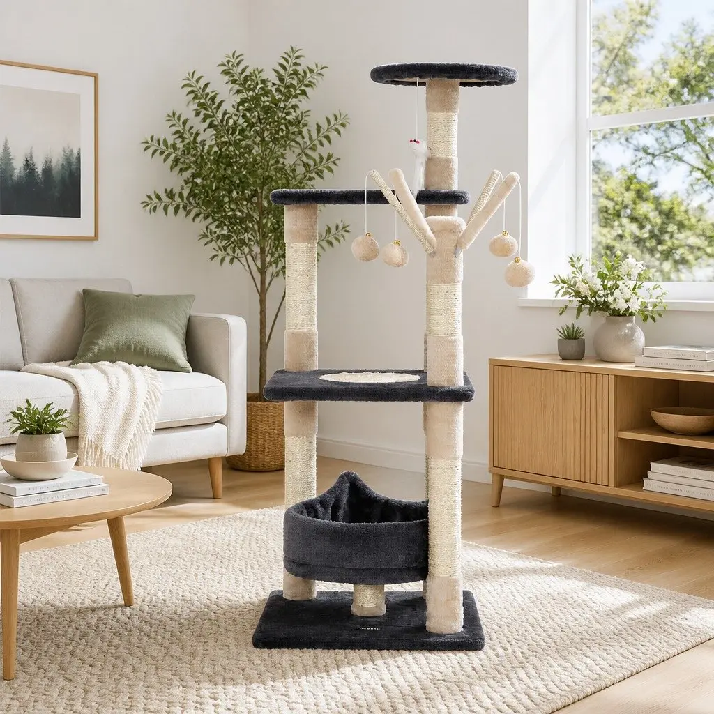 Cat Tree Wood 110cm Grey Multi-Level Scratching Post Condo House with Toys