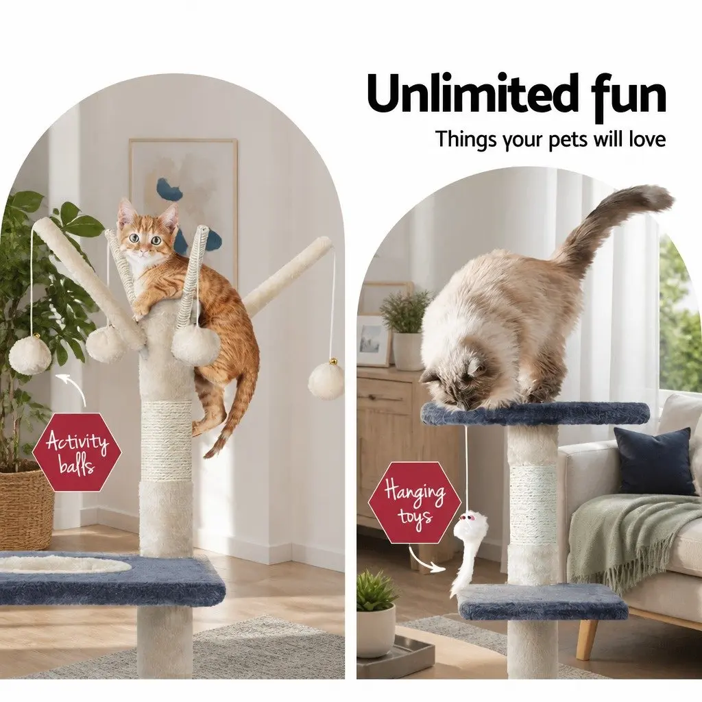 Cat Tree Wood 110cm Grey Multi-Level Scratching Post Condo House with Toys
