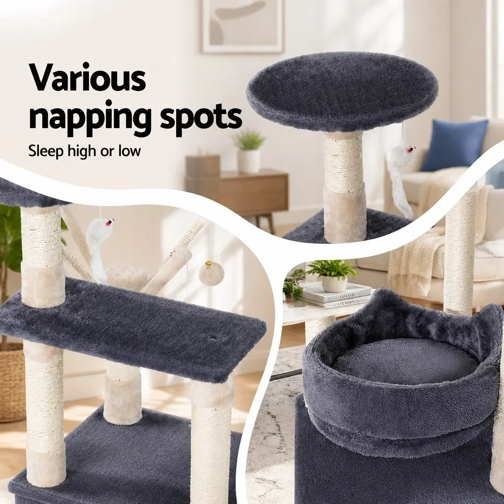 Cat Tree Wood 110cm Grey Multi-Level Scratching Post Condo House with Toys