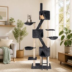 Cat Tree 244cm Tall Scratching Post Tower Condo House Grey Multi-Level Play