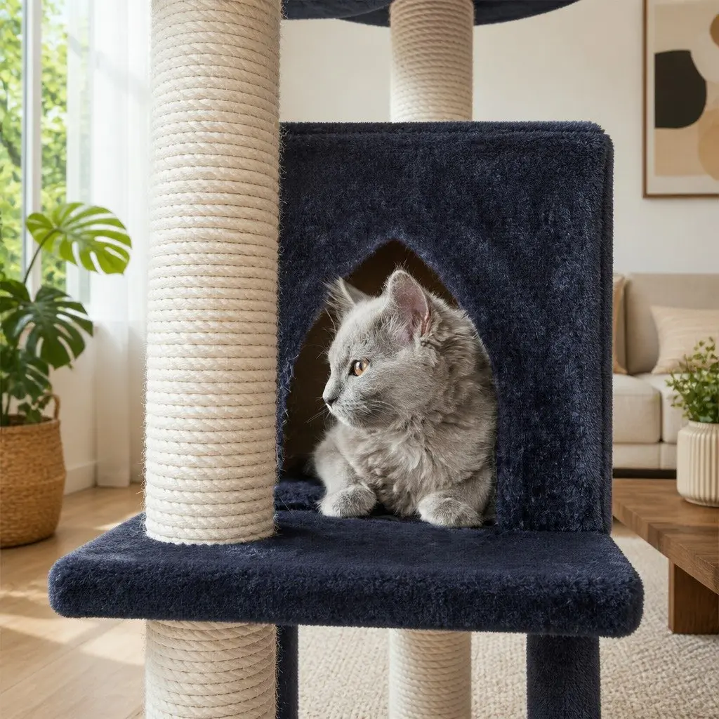 Cat Tree Particleboard Plush Velvet 244cm Grey Multi-Level Scratching Post Tower Condo House