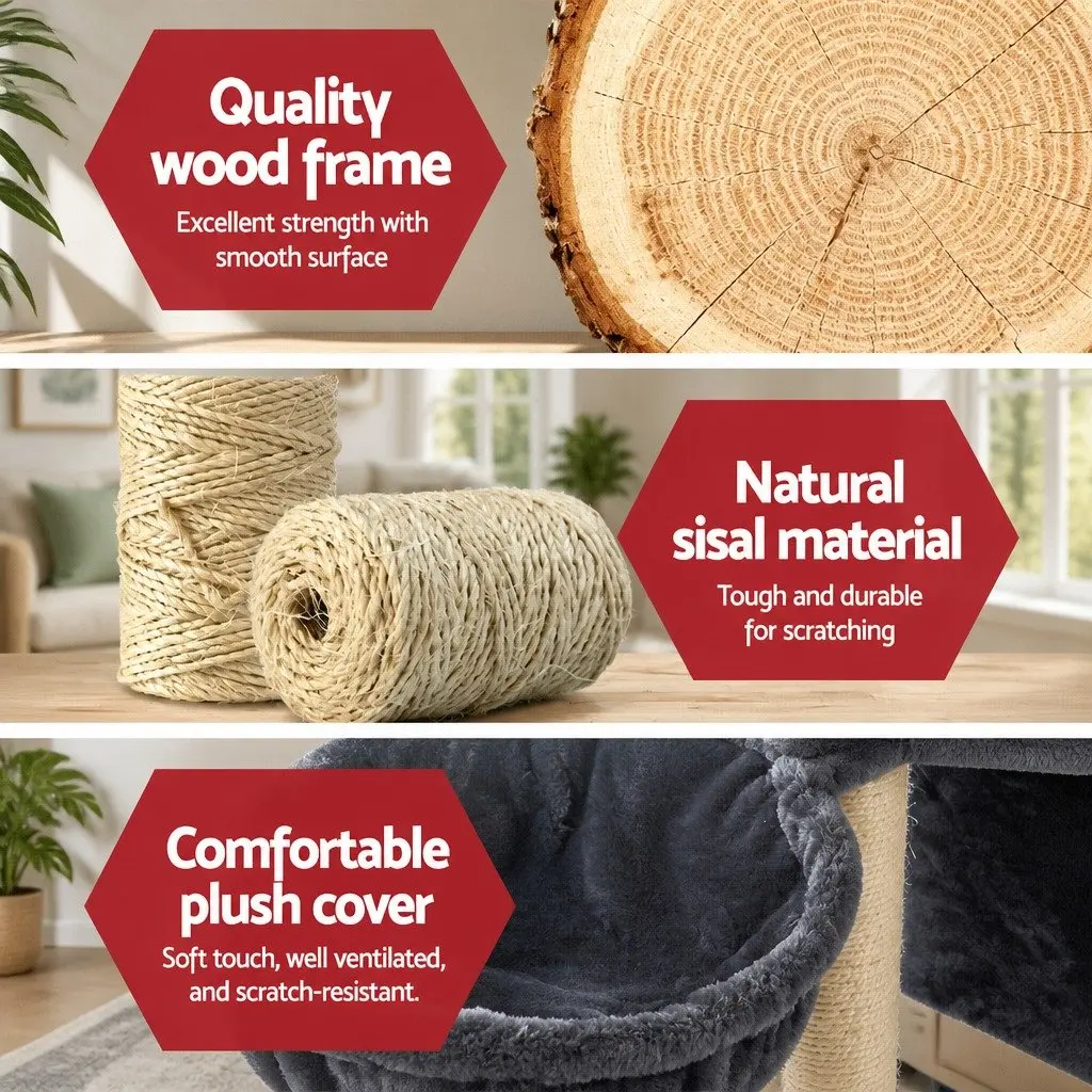 Cat Tree Particleboard Plush Velvet 244cm Grey Multi-Level Scratching Post Tower Condo House