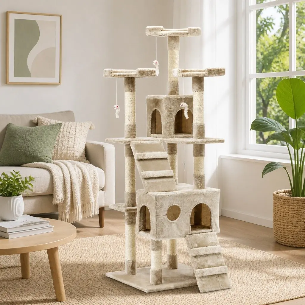 Cat Tree Particleboard Plush Velvet 180cm Beige