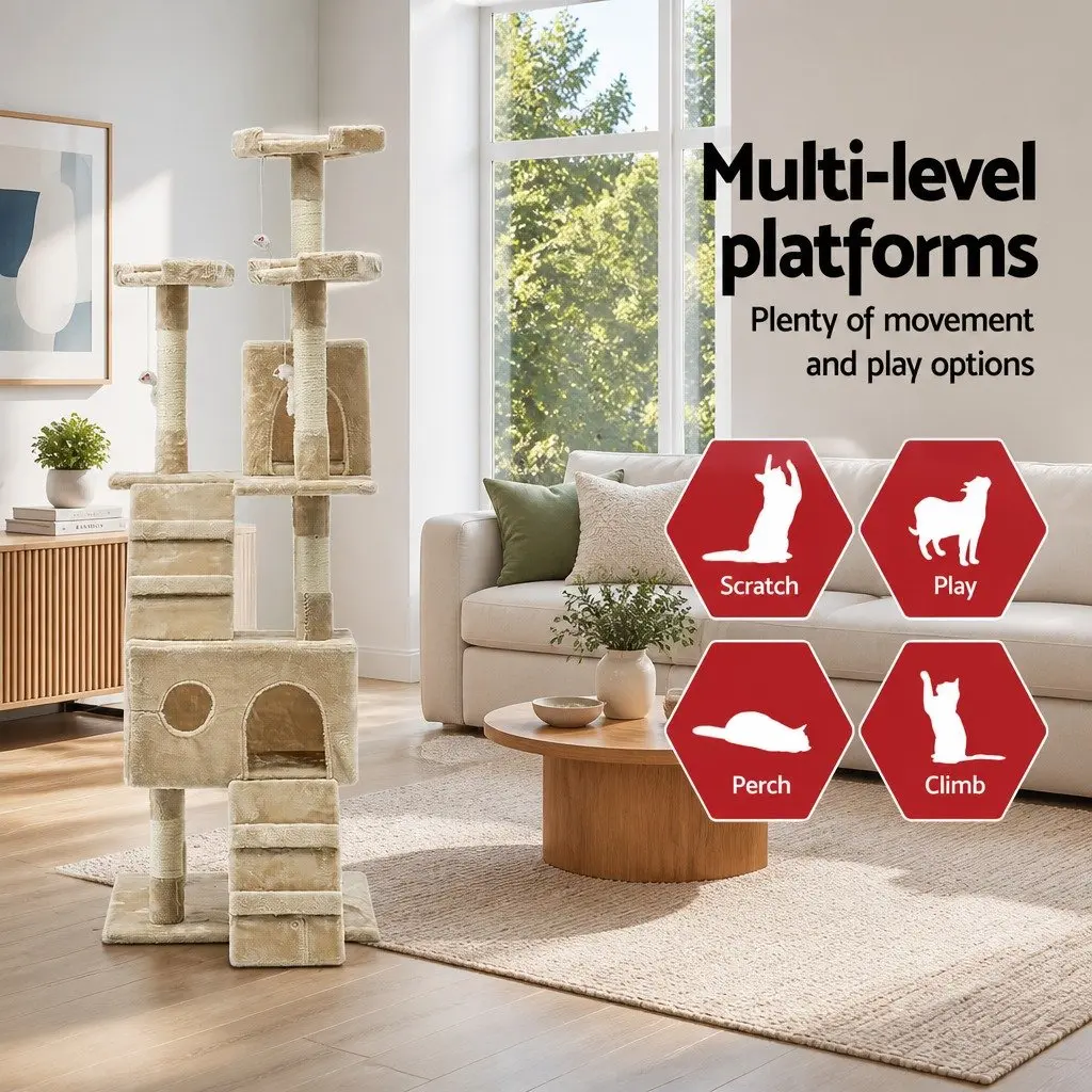 Cat Tree Particleboard Plush Velvet 180cm Beige
