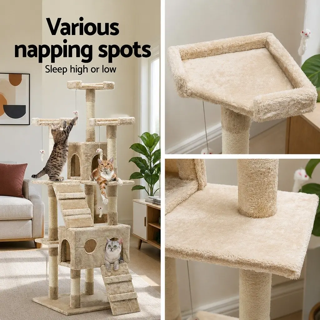 Cat Tree Particleboard Plush Velvet 180cm Beige