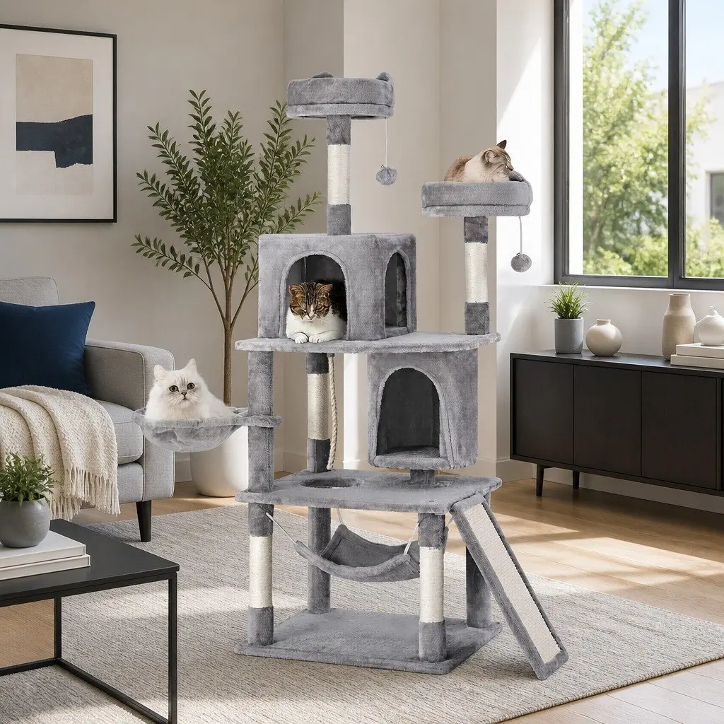 Cat Tree Tower Scratching Post Condo 161cm Particleboard Plush Velvet Light Grey