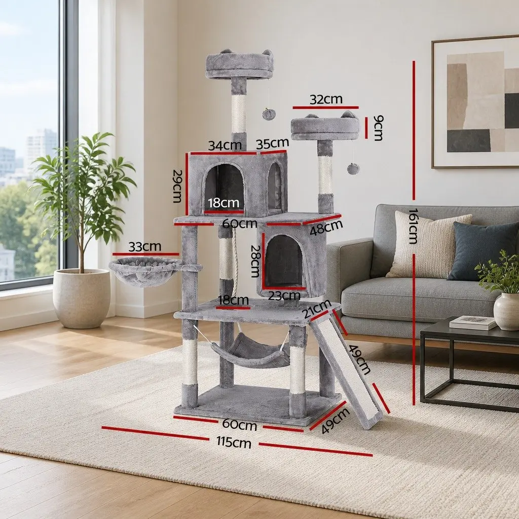 Cat Tree Tower Scratching Post Condo 161cm Particleboard Plush Velvet Light Grey