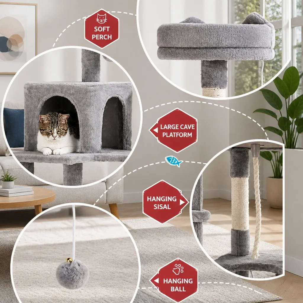 Cat Tree Tower Scratching Post Condo 161cm Particleboard Plush Velvet Light Grey