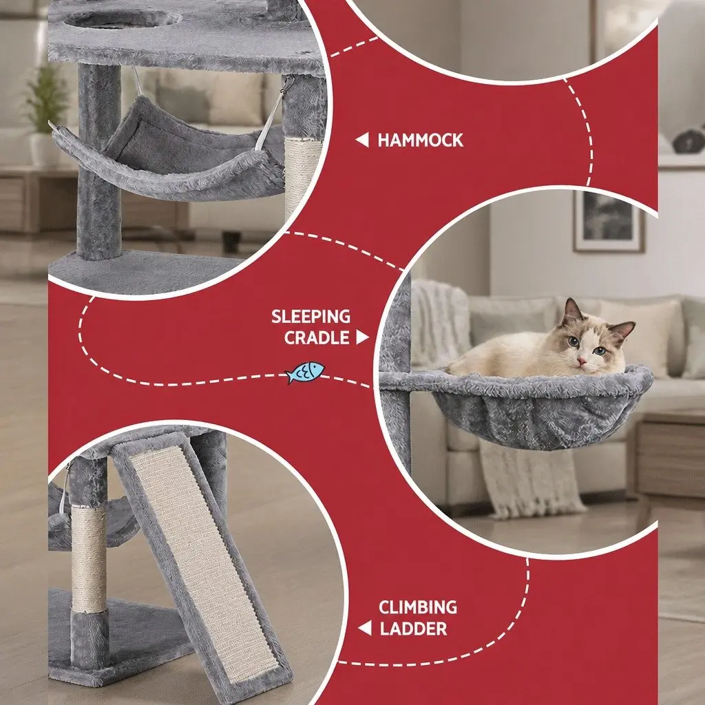 Cat Tree Tower Scratching Post Condo 161cm Particleboard Plush Velvet Light Grey