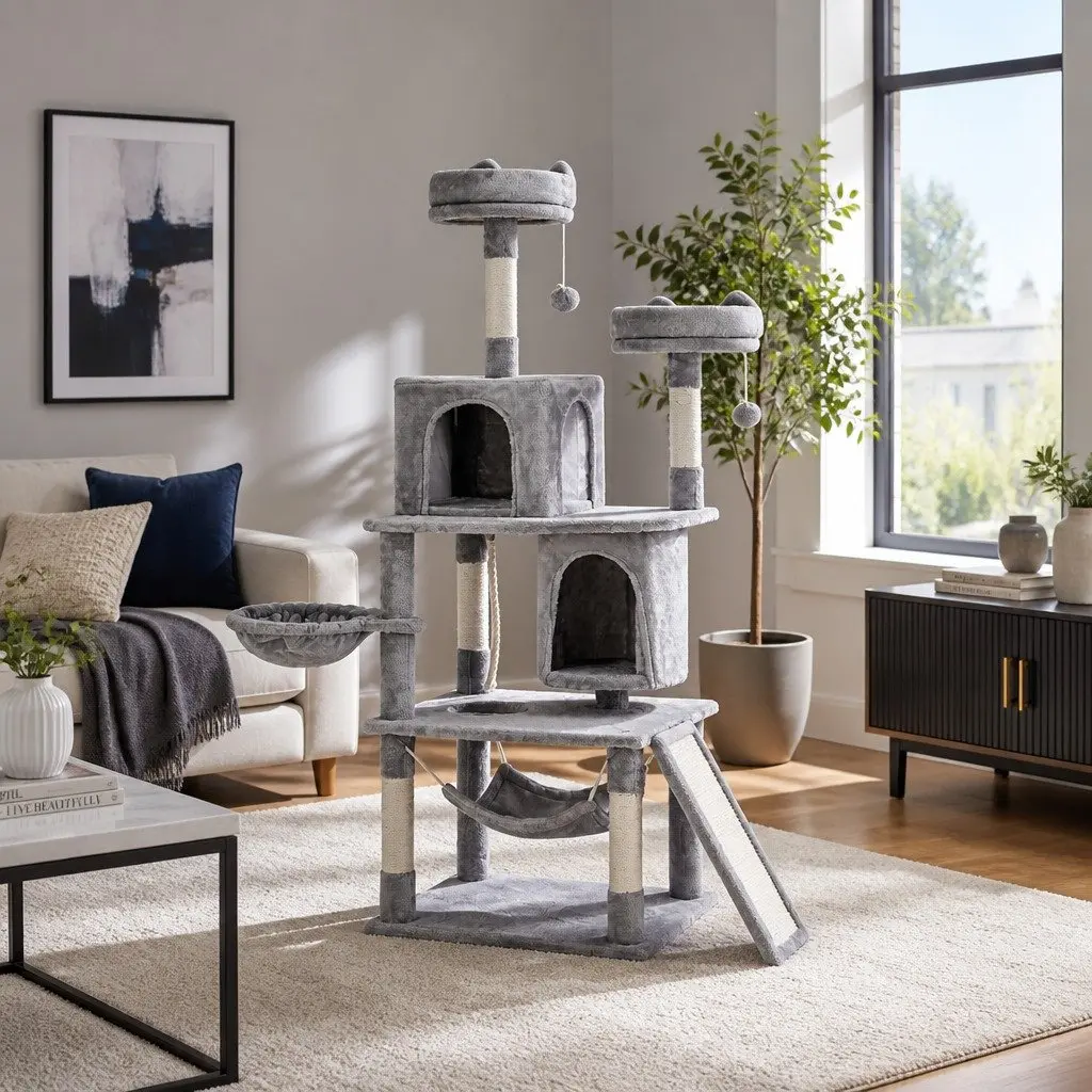 Cat Tree Tower Scratching Post Condo 161cm Particleboard Plush Velvet Light Grey