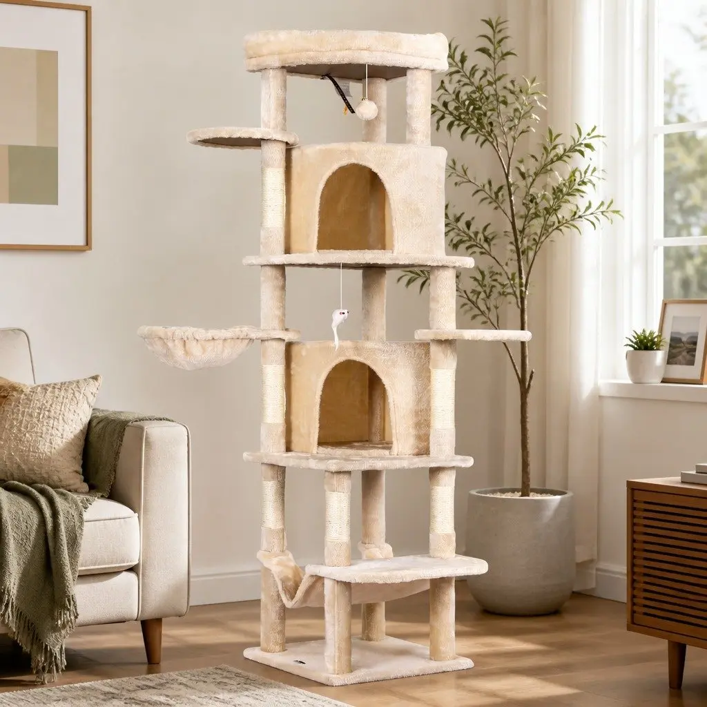 Cat Tree Tower Plush Velvet 167cm Beige Multi-Level Scratching Post