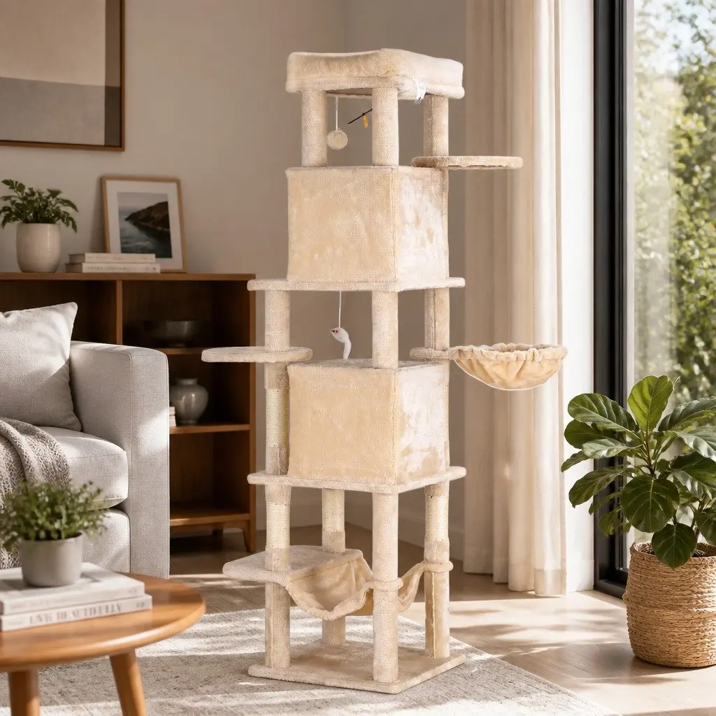 Cat Tree Tower Plush Velvet 167cm Beige Multi-Level Scratching Post