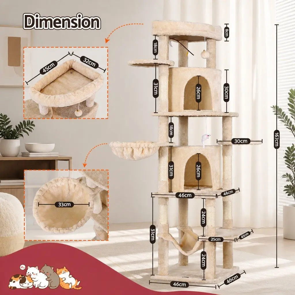 Cat Tree Tower Plush Velvet 167cm Beige Multi-Level Scratching Post