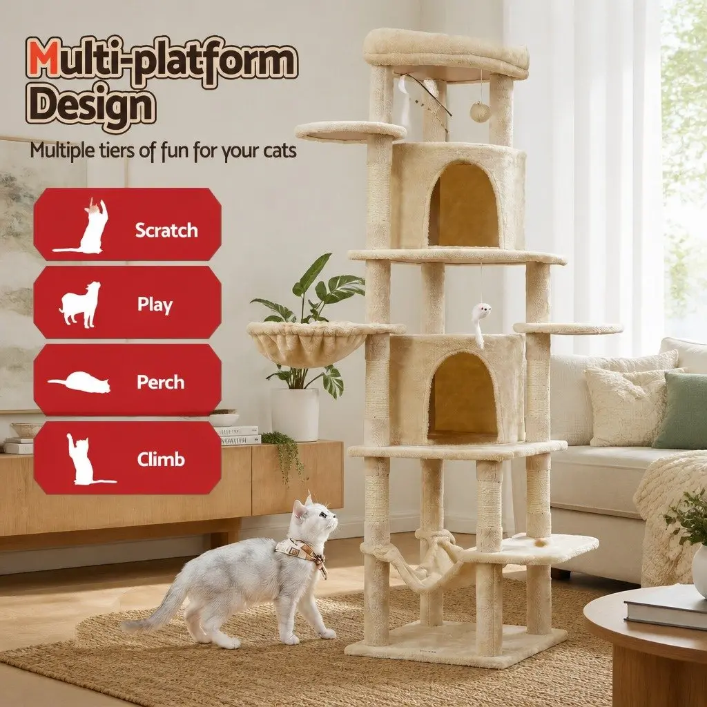 Cat Tree Tower Plush Velvet 167cm Beige Multi-Level Scratching Post