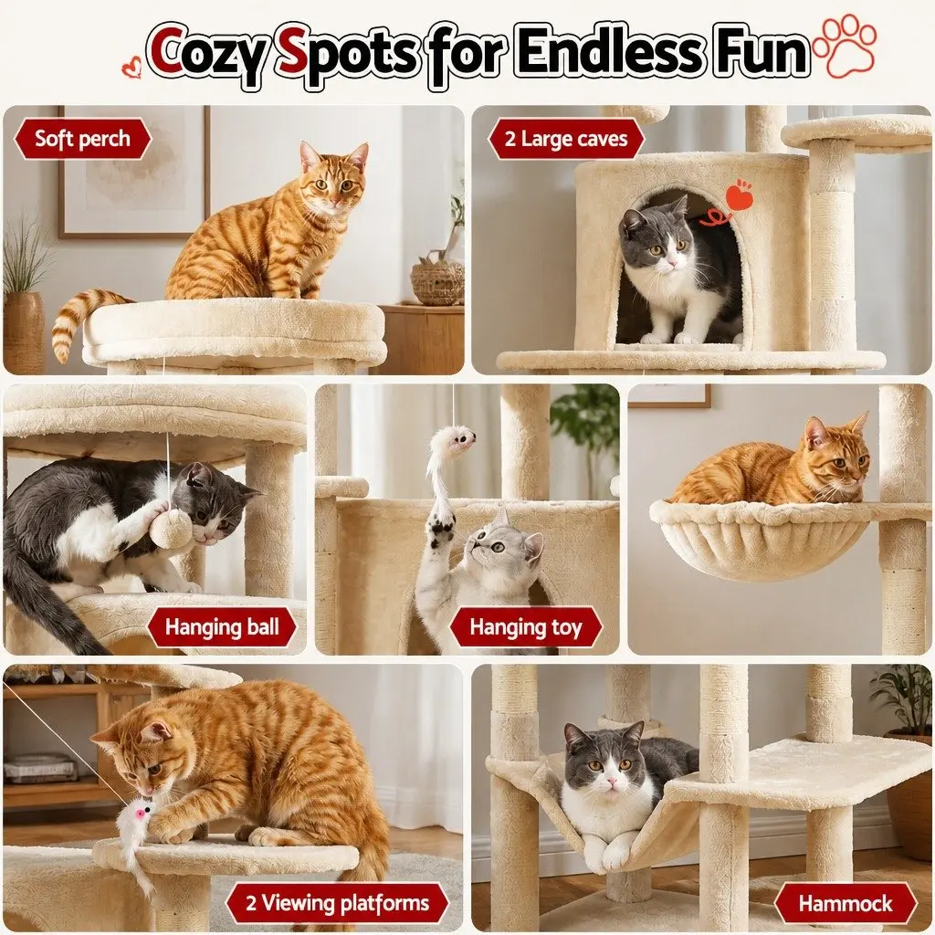 Cat Tree Tower Plush Velvet 167cm Beige Multi-Level Scratching Post
