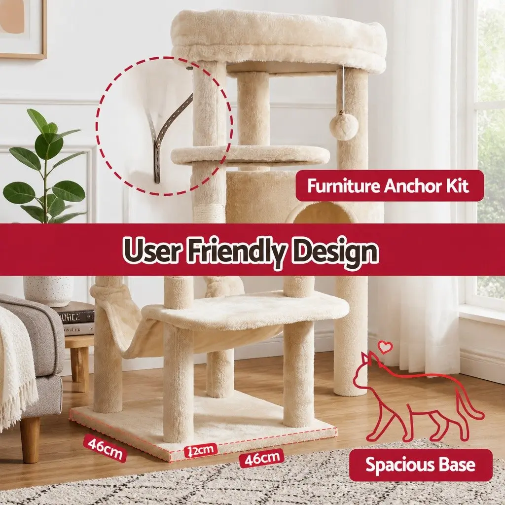 Cat Tree Tower Plush Velvet 167cm Beige Multi-Level Scratching Post