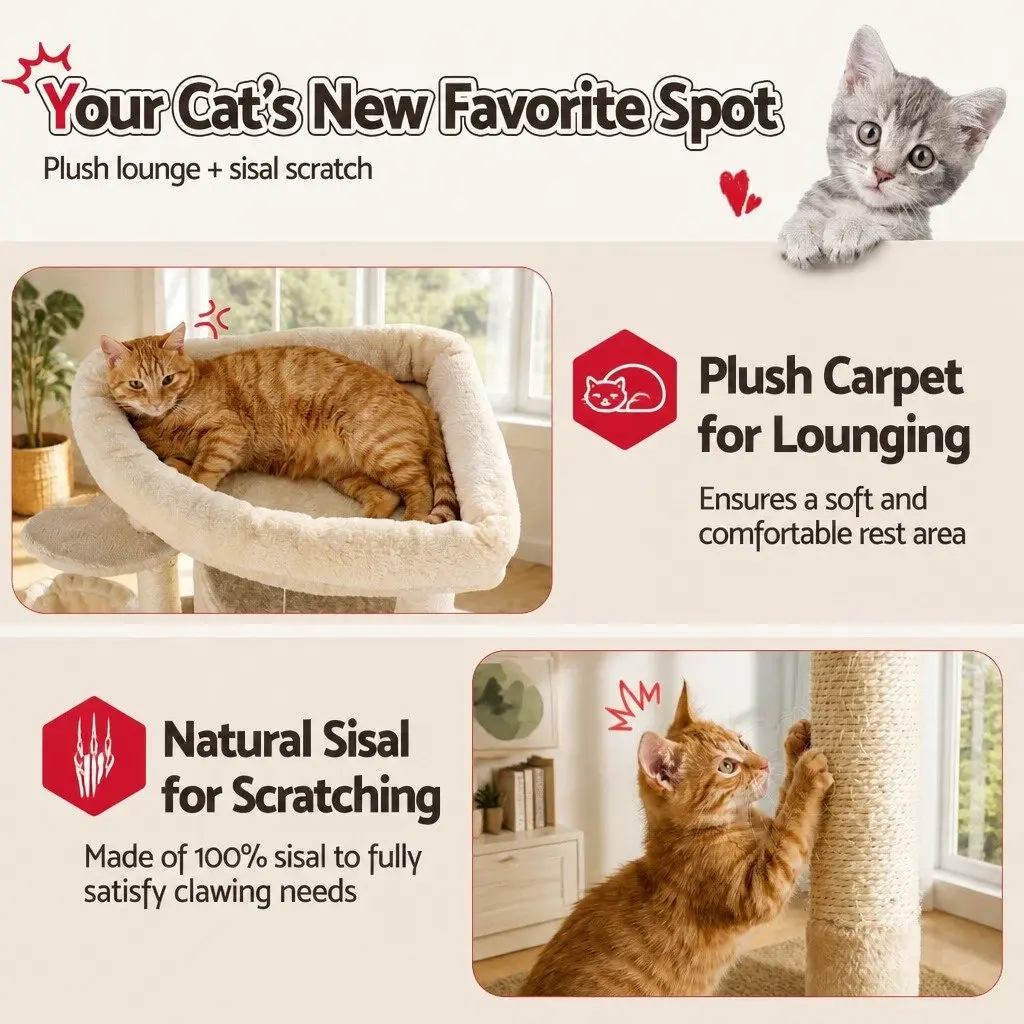 Cat Tree Tower Plush Velvet 167cm Beige Multi-Level Scratching Post