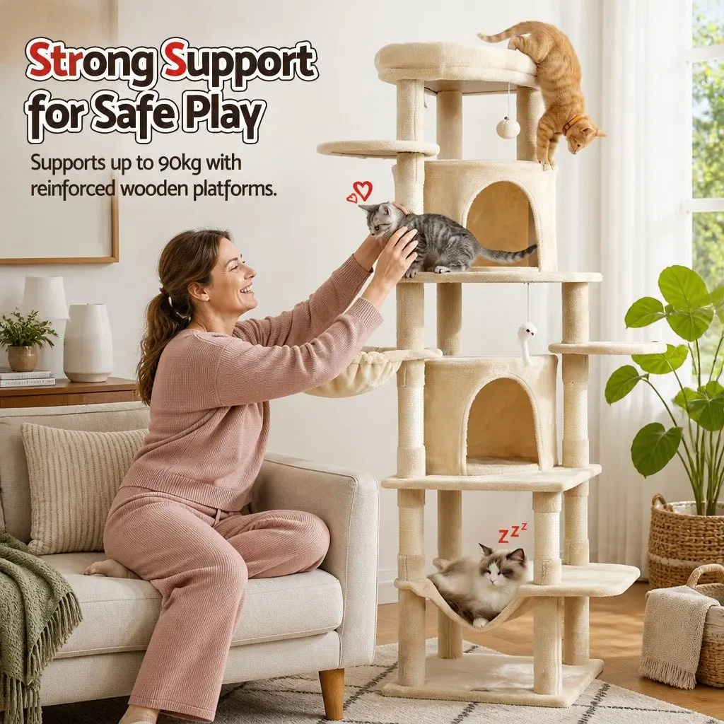 Cat Tree Tower Plush Velvet 167cm Beige Multi-Level Scratching Post