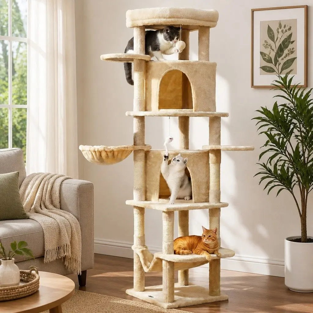 Cat Tree Tower Plush Velvet 167cm Beige Multi-Level Scratching Post