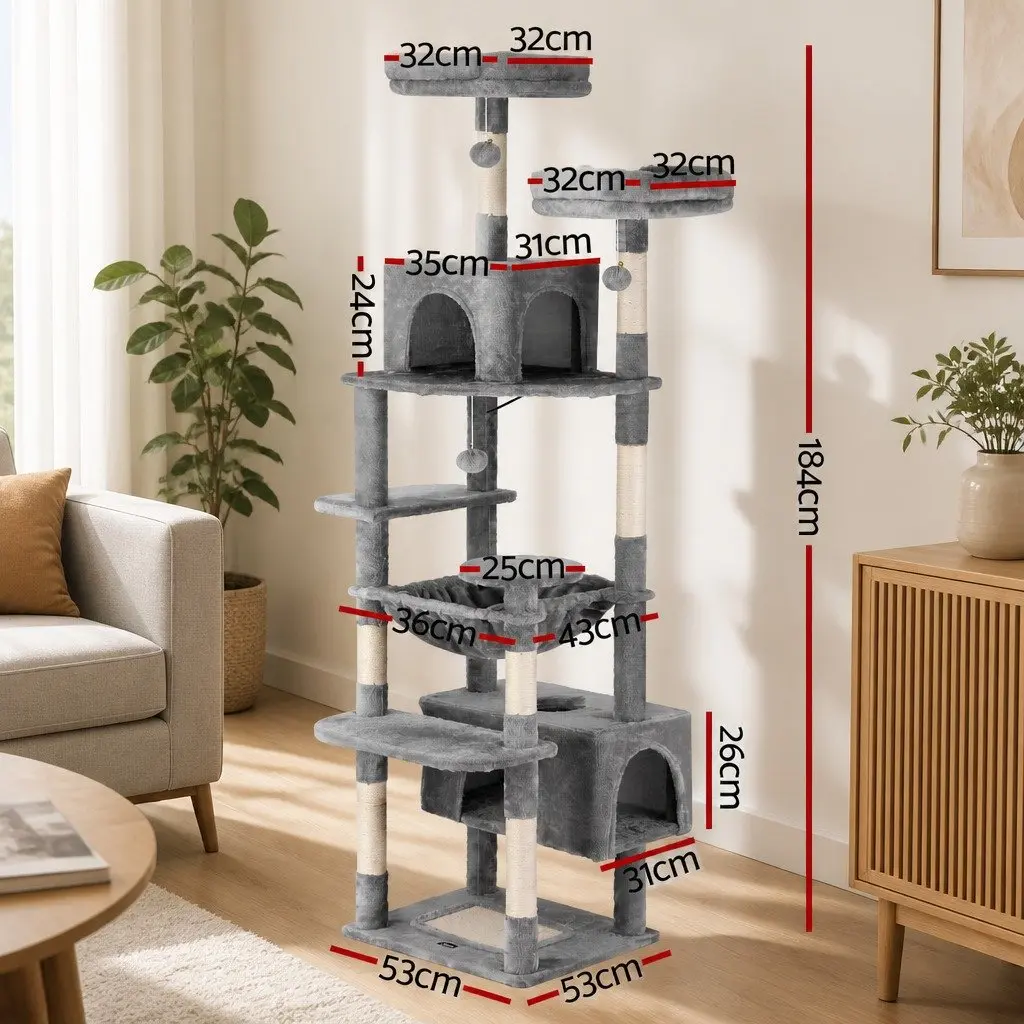 Cat Tree Particleboard Plush Velvet 184cm Light Grey