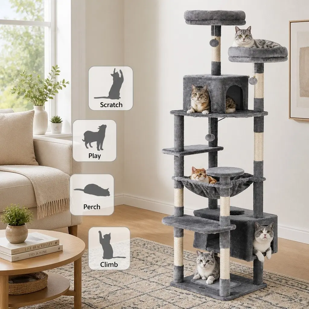 Cat Tree Particleboard Plush Velvet 184cm Light Grey