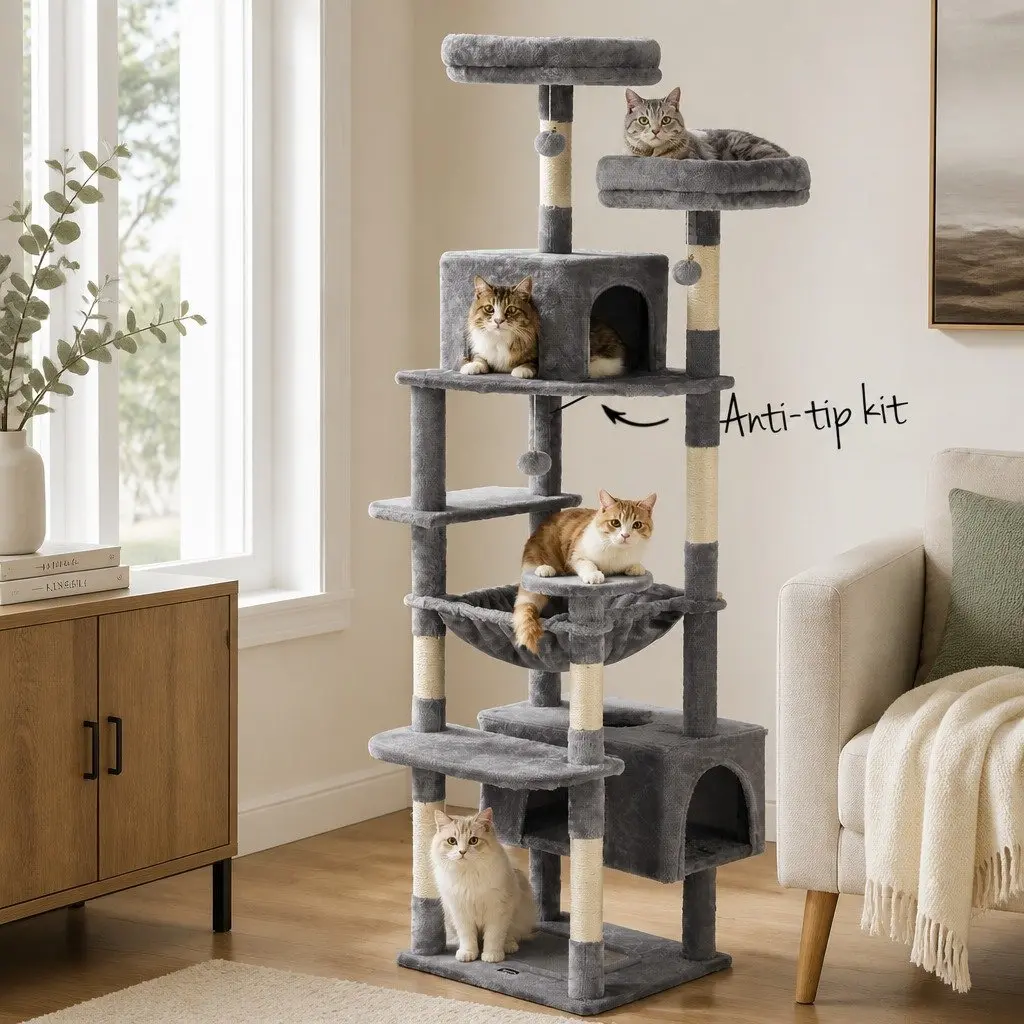 Cat Tree Particleboard Plush Velvet 184cm Light Grey