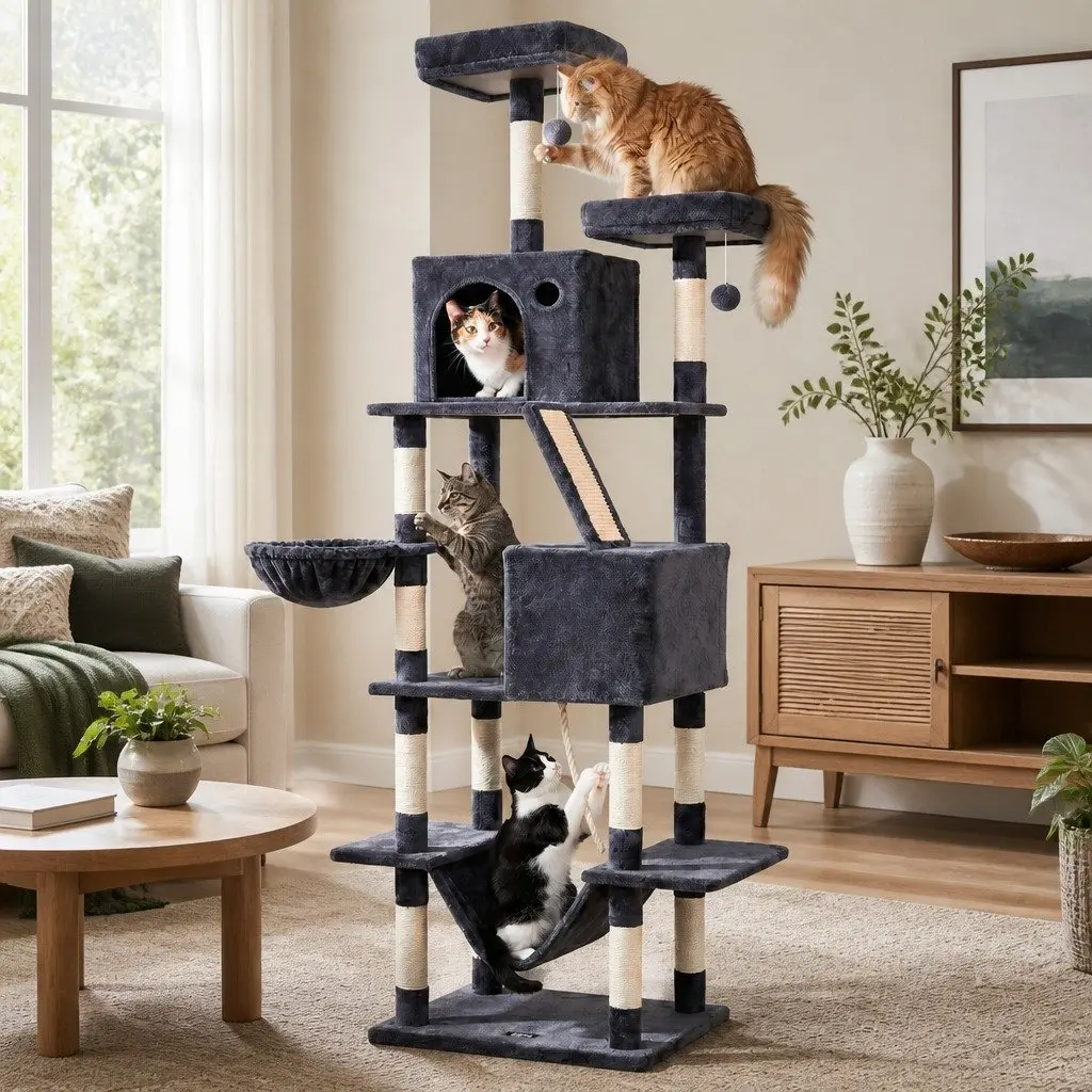Large Multi-Level Cat Tree Tower 206cm in Plush Grey