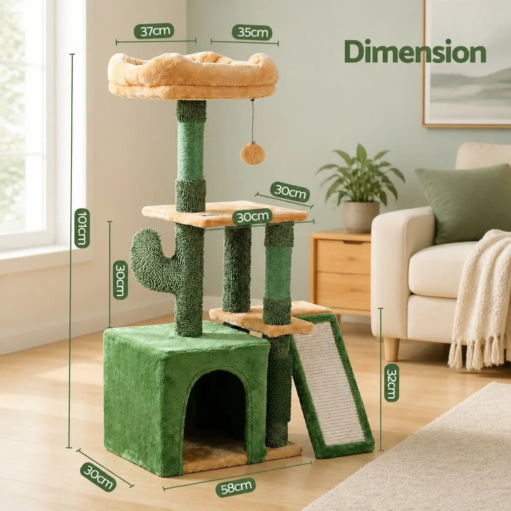 Cat Tree Tower Natural Sisal 101cm Plush Velvet Green