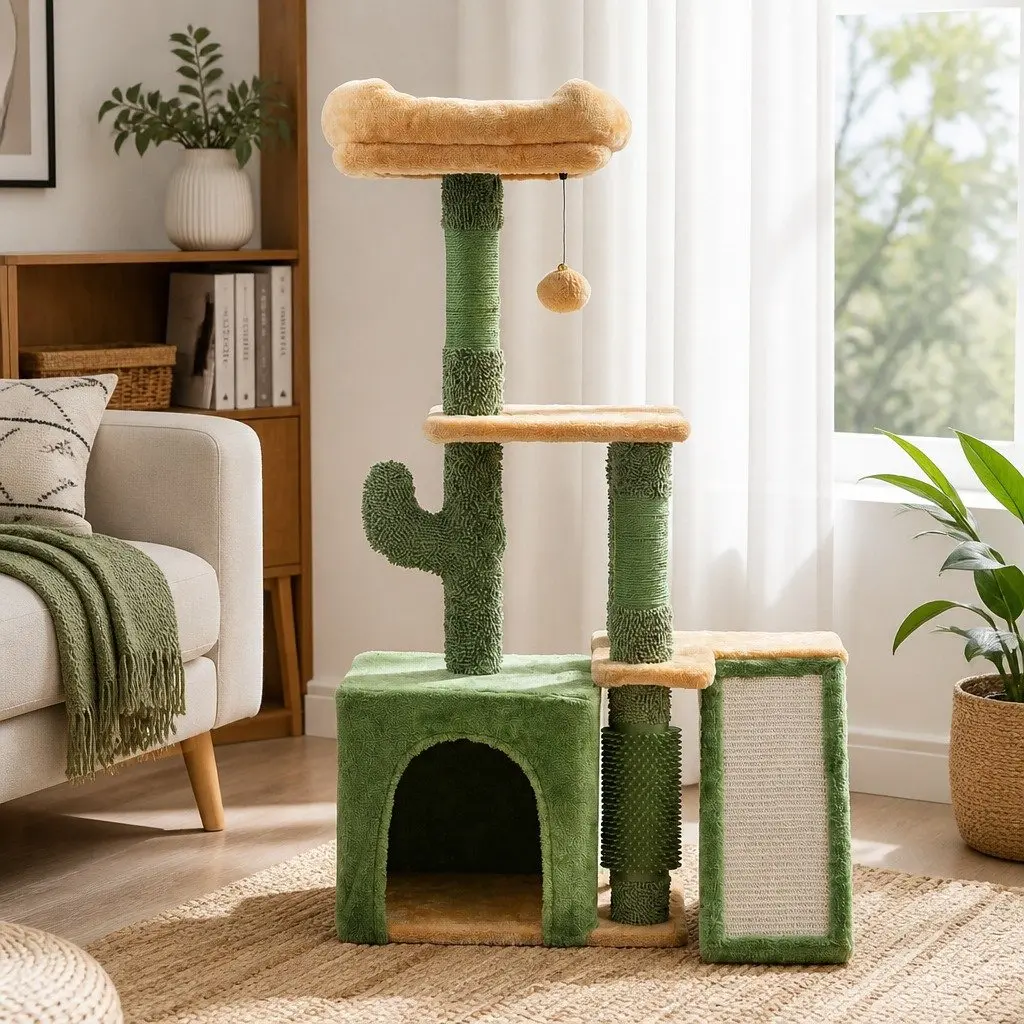 Cat Tree Tower Natural Sisal 101cm Plush Velvet Green