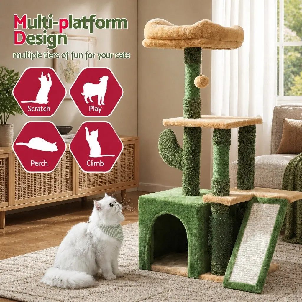 Cat Tree Tower Natural Sisal 101cm Plush Velvet Green