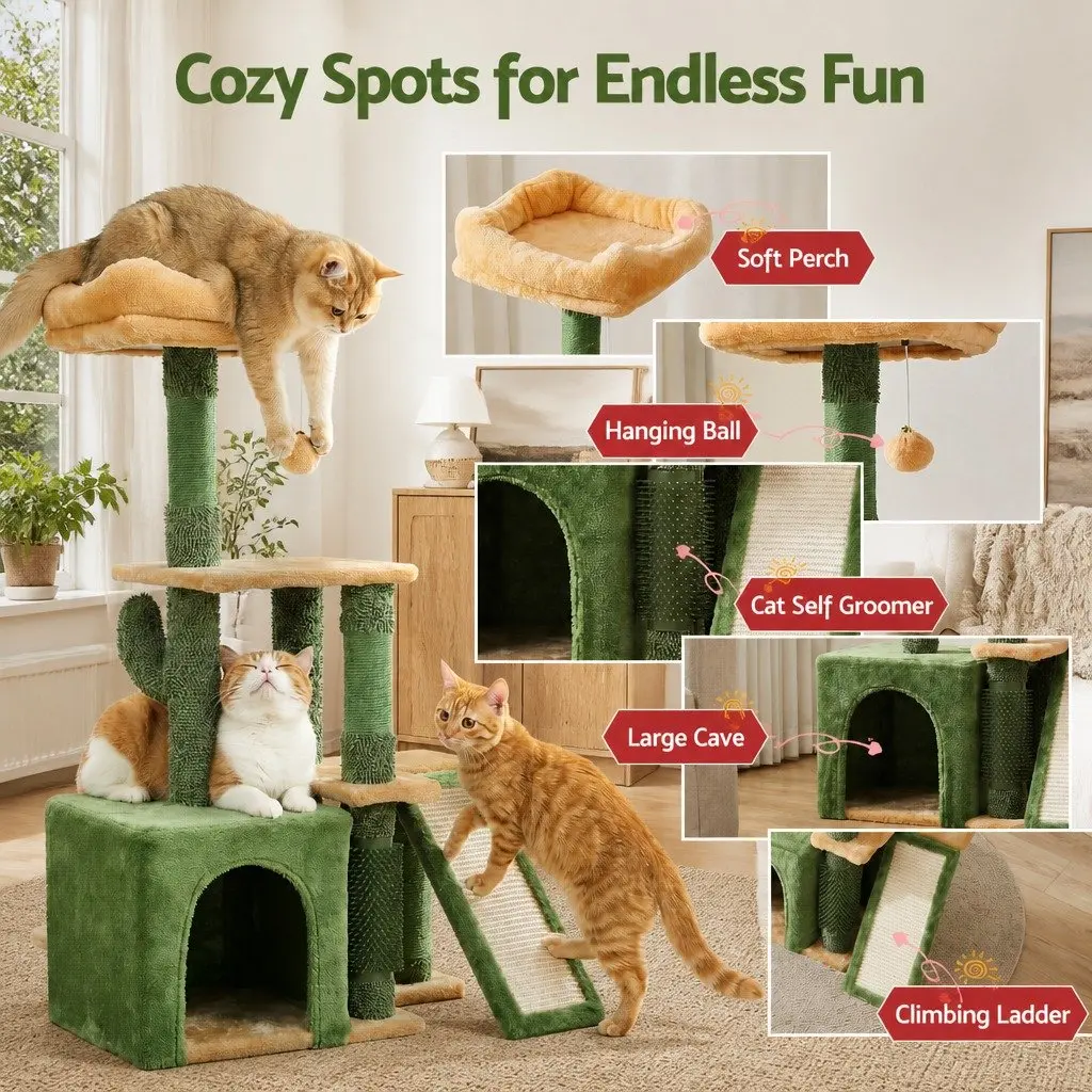 Cat Tree Tower Natural Sisal 101cm Plush Velvet Green