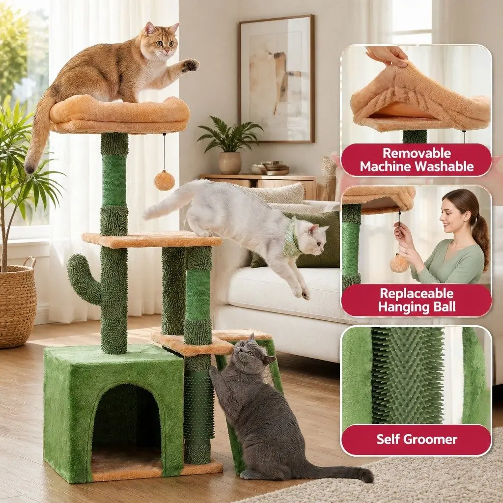 Cat Tree Tower Natural Sisal 101cm Plush Velvet Green