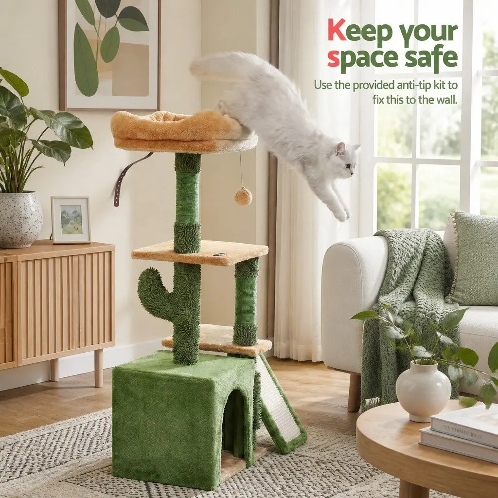 Cat Tree Tower Natural Sisal 101cm Plush Velvet Green
