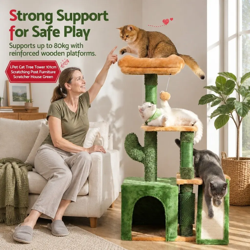 Cat Tree Tower Natural Sisal 101cm Plush Velvet Green