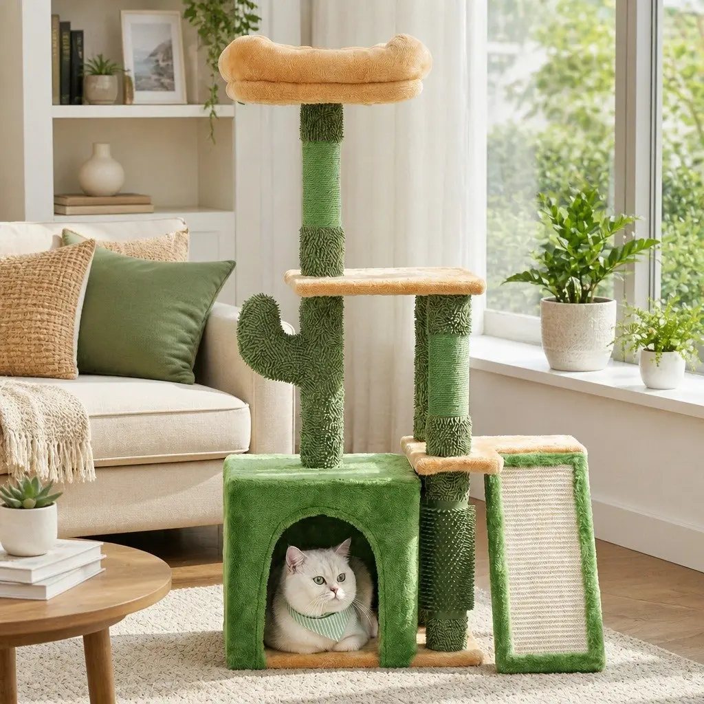Cat Tree Tower Natural Sisal 101cm Plush Velvet Green