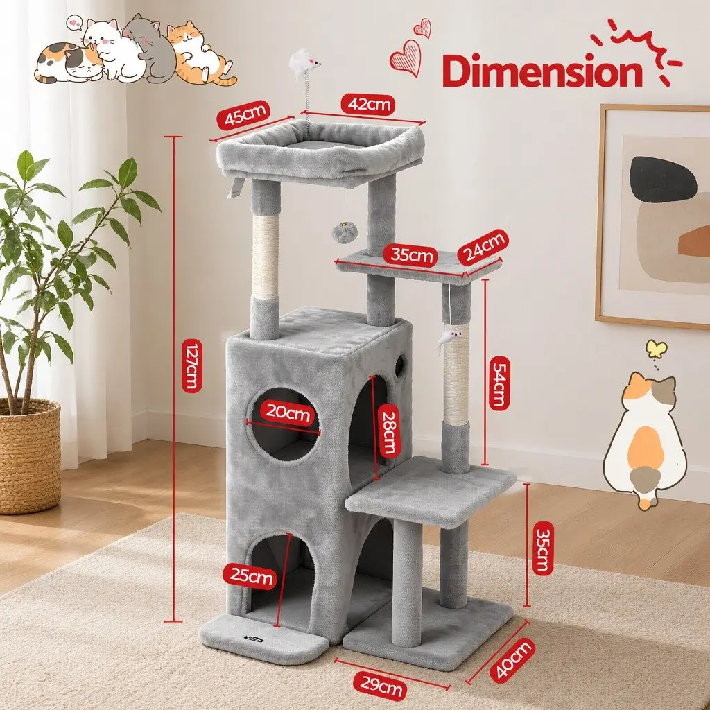 Cat Tree Scratching Post Multi-Level Platforms Hideouts Light Grey 127cm