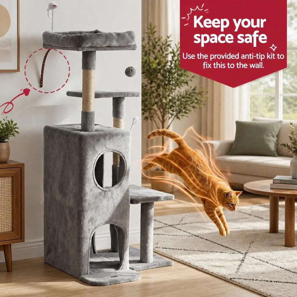 Cat Tree Scratching Post Multi-Level Platforms Hideouts Light Grey 127cm