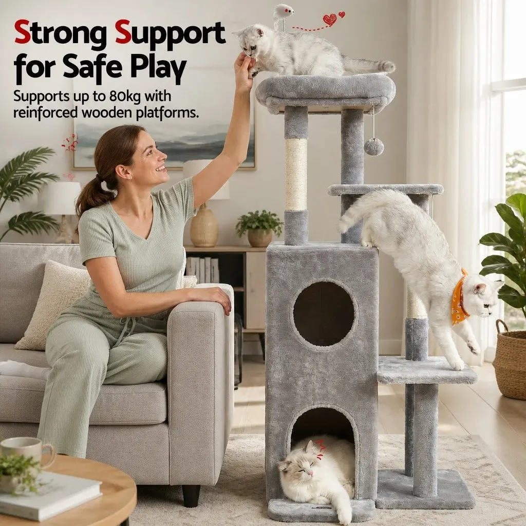 Cat Tree Scratching Post Multi-Level Platforms Hideouts Light Grey 127cm