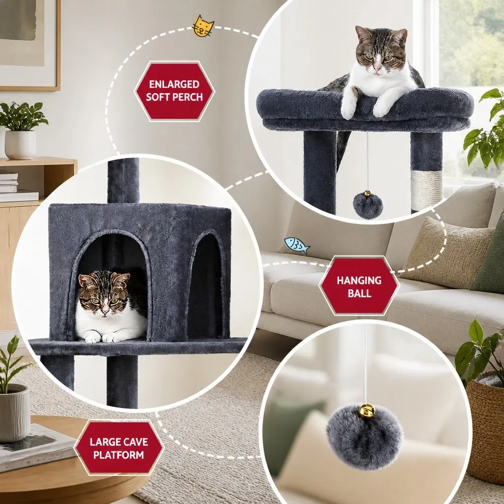Cat Tree Scratching Post Condo Particleboard Plush Velvet 138cm Dark Grey
