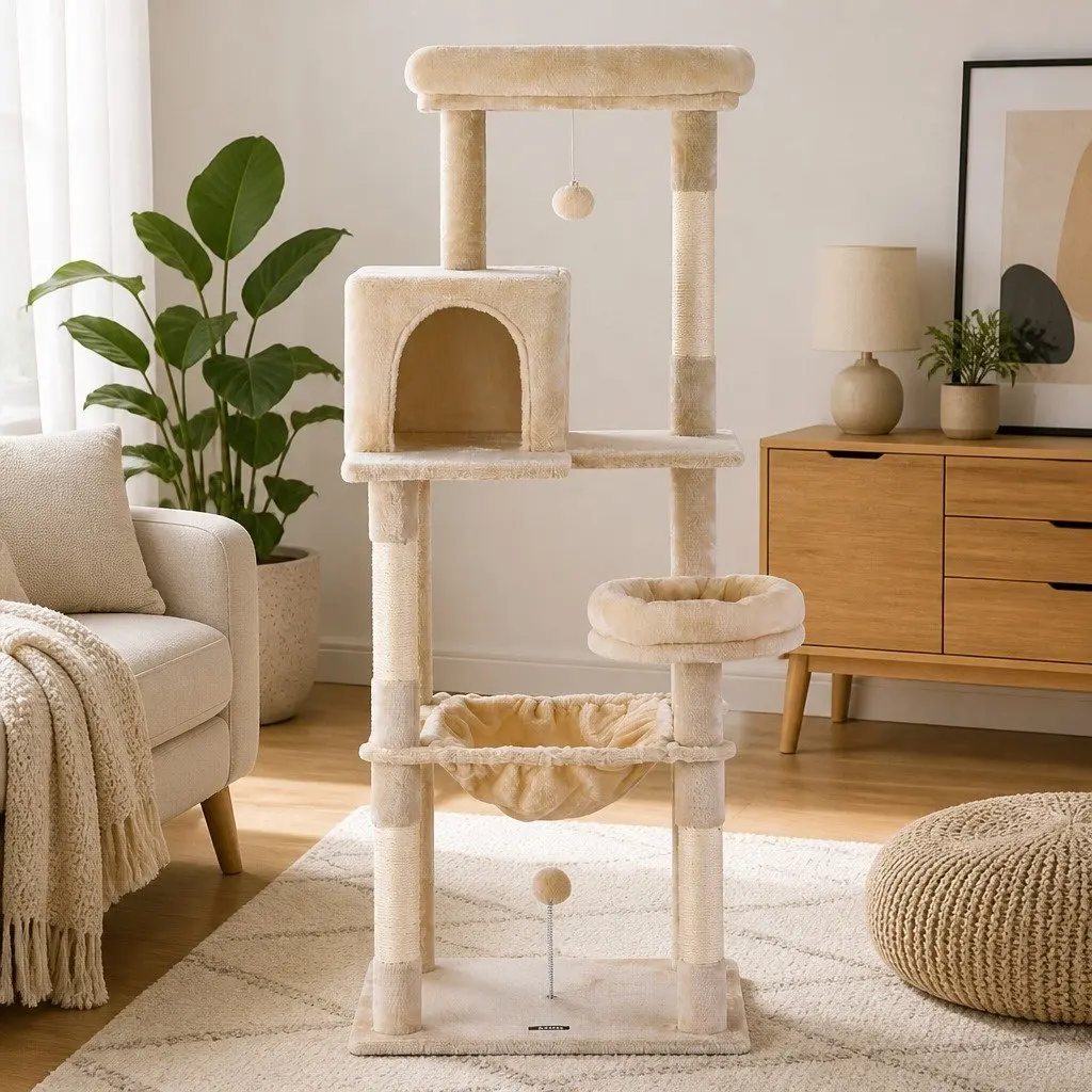 Cat Tree Scratching Post 143cm Multi-Level Beige Plush Velvet