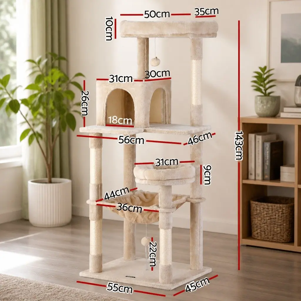 Cat Tree Scratching Post 143cm Multi-Level Beige Plush Velvet
